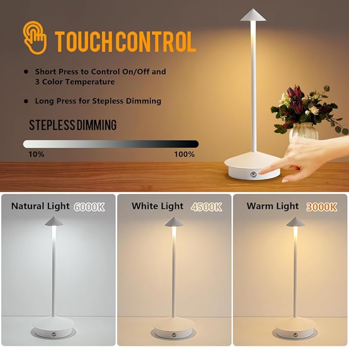 Cordless Table Lamp, 5000mAh Rechargeable Battery Powered LED Desk Lamp, Portable Touch Control Outdoor Table Lamps,3 Color Dimmable Light for Restaurant, Patio, Bedroom, Night Lamp (White)