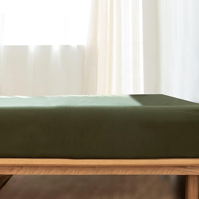MooMee Fitted Bottom Sheet Only 100% Washed Cotton Linen Like Textured Breathable Durable Soft Comfy Deep Pocket Fits Mattress up to 17" (Olive Green, California King)