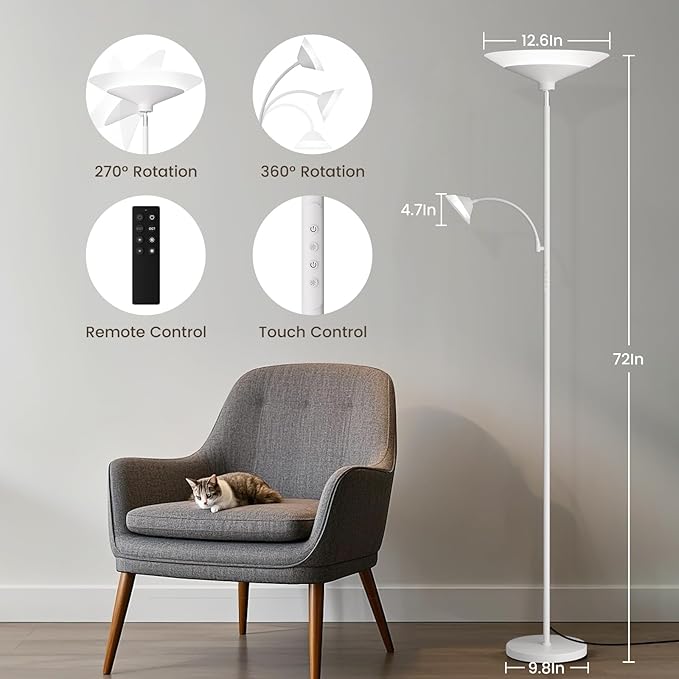 Upgraded 2-Light Torchiere Floor Lamp - 34W Color Changing Standing Lamp with Remote, Rotatable Floor Reading Light, Modern Standing Light with for Living Room Bedroom Office, White