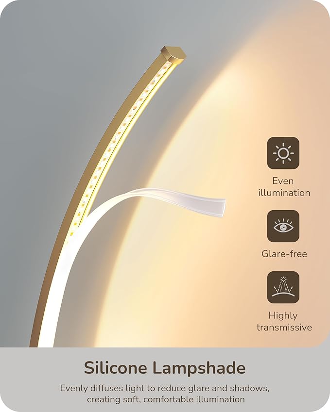 EDISHINE Curved LED Table Lamp, Modern Bedside Lamp with 3 Color Temperature & Stepless Dimming, Aluminum & Iron, Nightstand Lamp for Bedroom, Living Room, Gold
