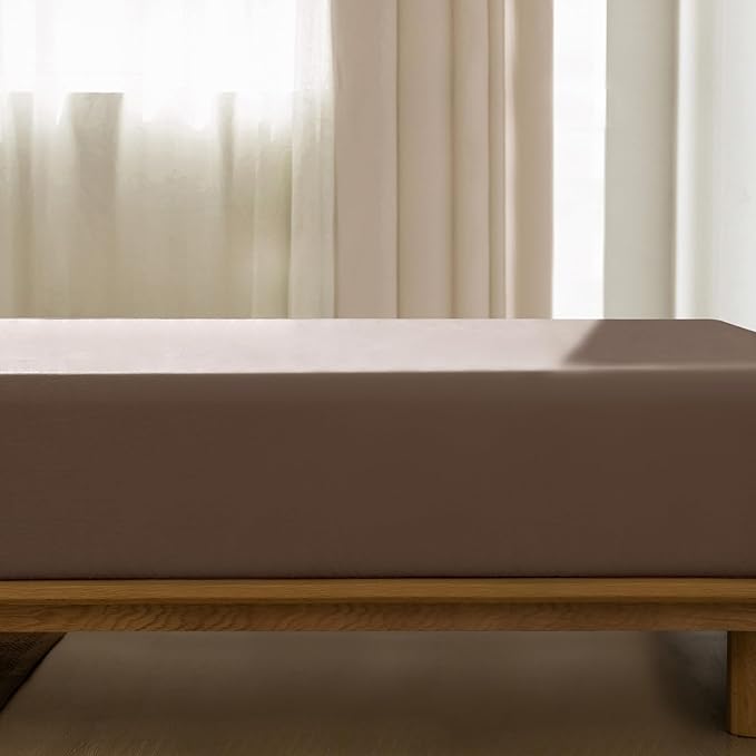 MooMee Fitted Bottom Sheet Only 100% Washed Cotton Linen Like Textured Breathable Durable Soft Comfy Deep Pocket Fits Mattress up to 17" (Brown, Twin)