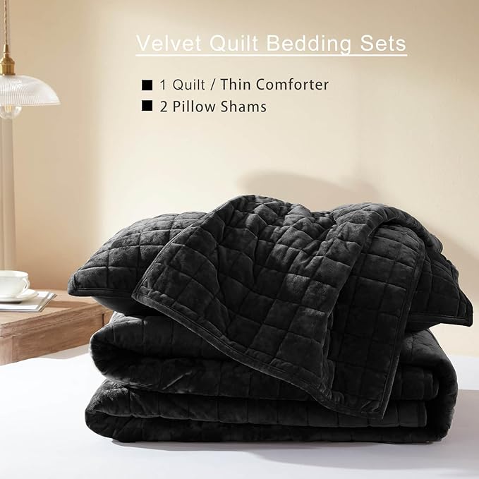 LEAONME Velvet Quilt Full/Queen Size-90''x98'', Lightweight Black Velvet Comforter Set with 2 Pillow Shams, Soft Bedspread Coverlet Quilted Bedding Set for All Season
