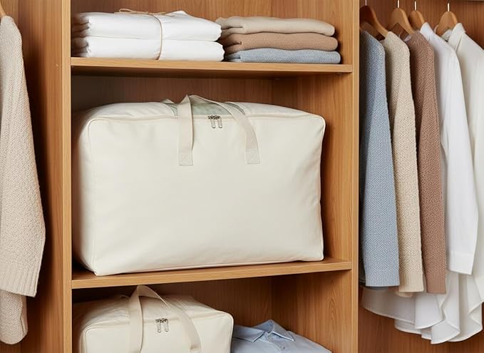 Soft Canvas Clothes Storage Bags with Four Carrying Handles and Clear Window, Closet Organizer for Clothing, Blankets Sheets Pillows and Bedding, 55L, 4 Pack, White