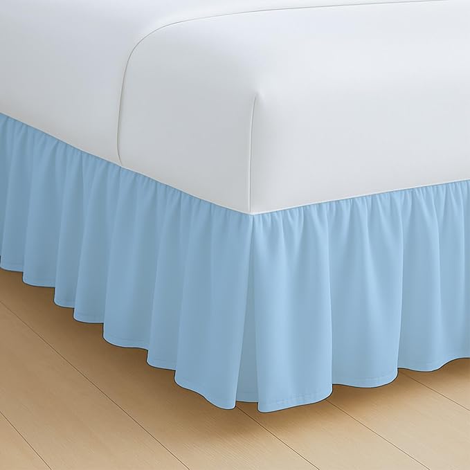 Rajlinen Ruffled Bed Skirt California King, 10 Inch Drop Dust Ruffle with Split Corners, 100% Microfiber Bedskirt with Platform, Three-Sided Coverage Ruffled Gathering Design, Light Blue