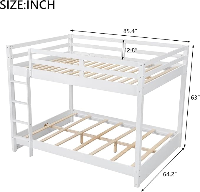 Bellemave Queen Over Queen Size Bunk Bed for Kids/Adults,Solid Wood Bunk Bed Frame Queen Size with Ladder & Safety Guardrails,White