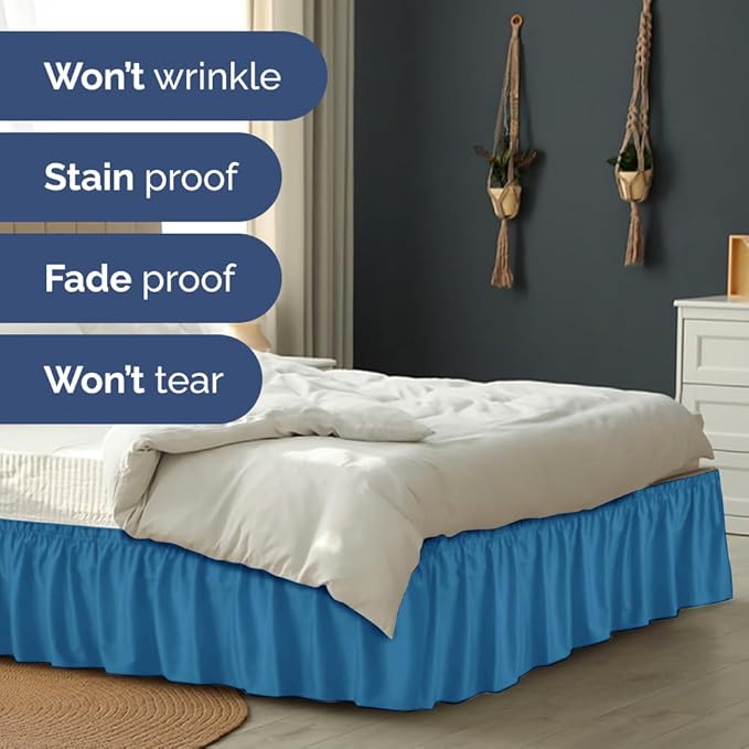 Wrap Around Dust Ruffle Bed Skirt - Denim Blue - Twin/Twin XL Size Beds with 18 Inch Drop - Elastic Strap - Adjustable Pleated Bedskirt with Brushed Fabric and Wrinkle Free - Women, Men, Kids & Teens