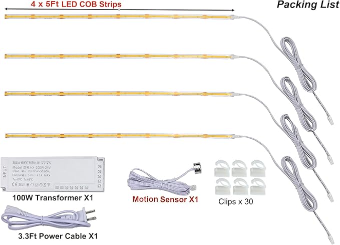 4 x 5Ft Under Cabinet Lights Kit, Motion Sensor COB LED Strip,for Kitchen Cabinets,Cupboards, Closets, Stairs, Pantry,Shelf, Desk, and Bed (Warm White 3000K, 4 * 5Ft)