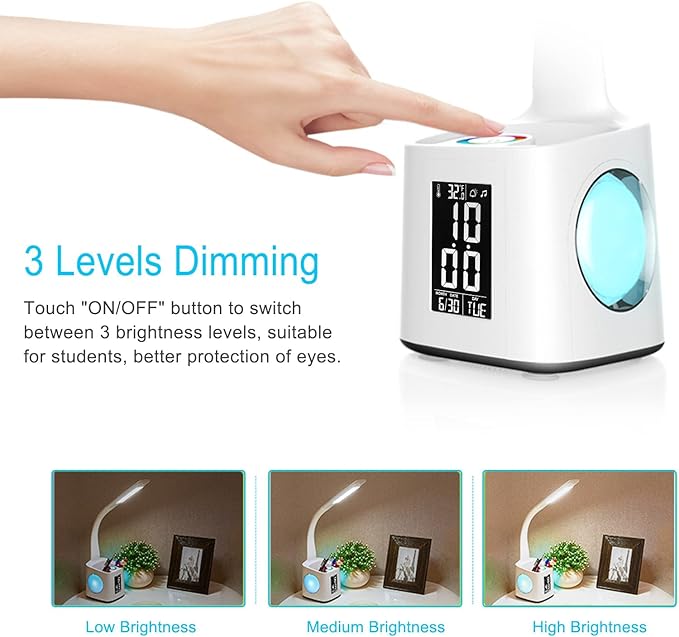 wanjiaone LED Desk Lamp with Clock,Color Changing Nightlight,Study Lamp with Pen Holder,Desk Light with USB Charger,Table Light for Home,Office,Bedroom,Gift for Kids,Students,Women,White