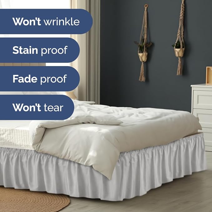 Wrap Around Dust Ruffle Bed Skirt - Light Grey - for Full Size Beds w/ 16 Inch Drop - Easy Fit Elastic Strap - Adjustable Pleated Bedskirt with Brushed Fabric, Wrinkle Free Women, Men, Kids and Teens