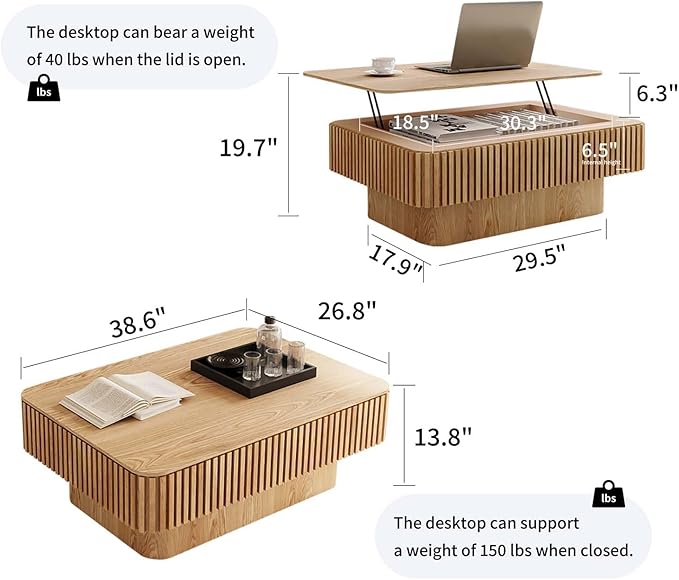 Lift Coffee Table with Storage & Adjustable Height, Solid Wood Coffee Table Fluted Center Table Accent Tea Table or Living Room, Apartment, Office (38.6" Natural)