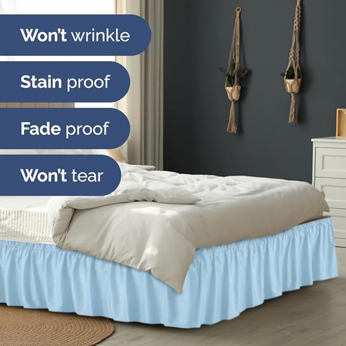 Wrap Around Dust Ruffle Bed Skirt - Light Blue - for Full Size Beds with 21 Inch Drop - Elastic Strap - Adjustable Pleated Bedskirt with Brushed Fabric and Wrinkle Free - for Women, Men, Kids & Teens