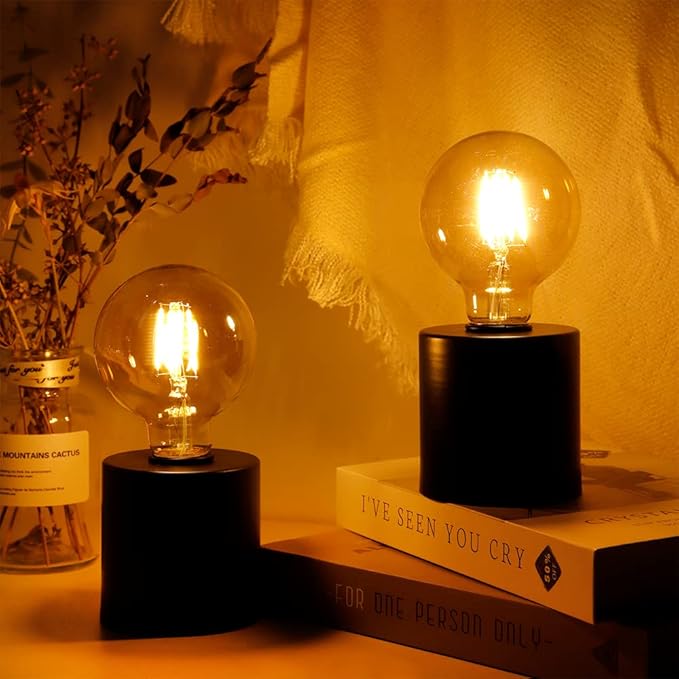 JHY DESIGN Set of 2 Black Table Lamp Battery Powered 7" Tall Cordless Lamp Light with Edison Style Bulb Battery Operated Great for Living Room Bedroom Weddings Parties Indoors Outdoors