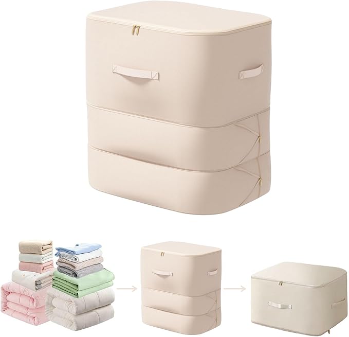 Ultra Space Saving Self Compression Organizer, 2025 New 3-Layer Zipper Large Capacity Storage Bag, Thick Satin Fabric Heavy Duty Bags for Comforters Blankets Bedding Duvet (Beige, X-Large, 21x17x24in)