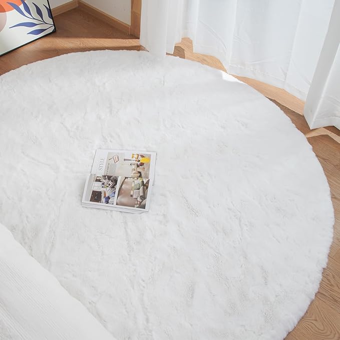 White Faux Rabbit Washable Fur Area Rugs Circle Rugs for Living Room Bedroom Teen Room Fluffy Area Rug 3ft Round Rug