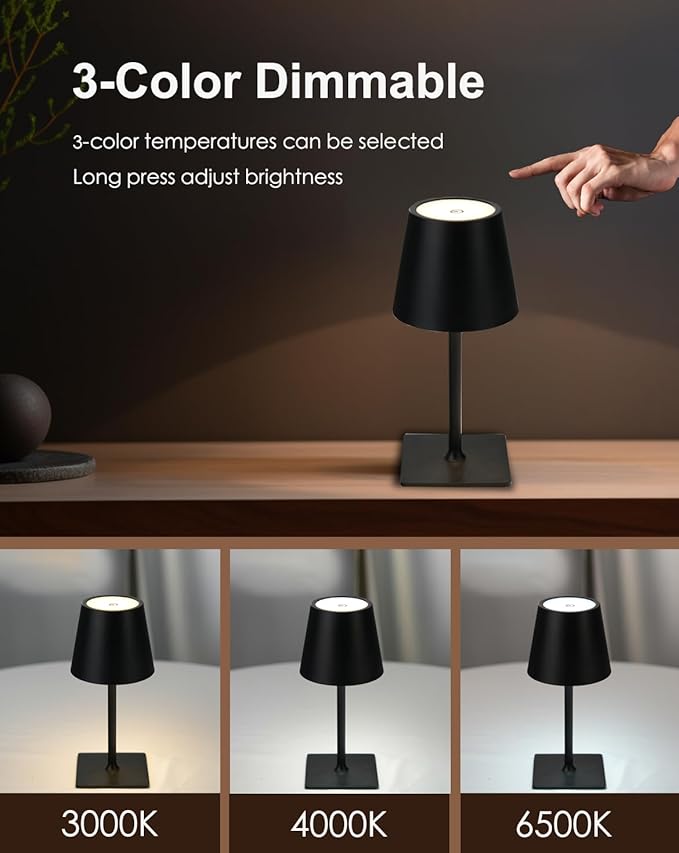 Cordless Table Lamp, Rechargeable Table Lamp with Touch Dimmable Control, Portable LED Desk Lamp for Indoor Patio (Black-Rectangle, 1)