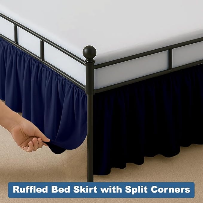 Ruffled Bed Skirt Split Corners with Platform, Tailored Fit Hotel Quality Wrinkle Free Ultra-Soft Microfiber Dust Ruffle, Upto 21 Inch Drop, Full XL, Navy Blue