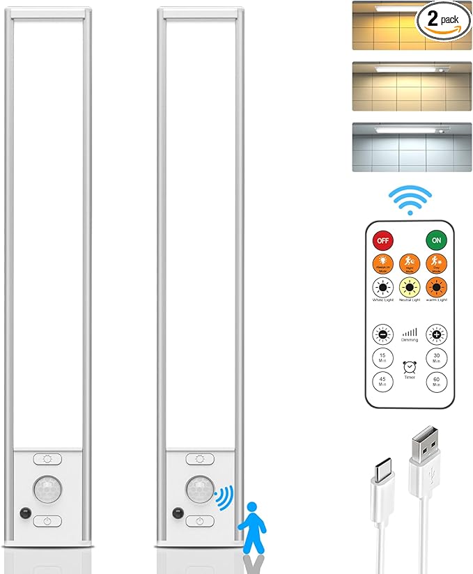 Under Cabinet Lights Wireless,11.9" Motion Sensor Light Indoor with Remote Control,2500mAh LED Rechargeable Battery Operated Closet Light,3 Color Temps,Under Counter Lights for Kitchen,Stairs,Wardrobe
