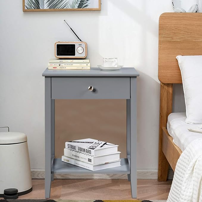 Giantex Nightstand Wooden 2-Tier Couch Sofa Side Table with Drawer, Storage Shelf, Solid Wood Legs,Mufti-Functional Home Furniture for Living Room Bedroom Study Room End Table (1, Gray)