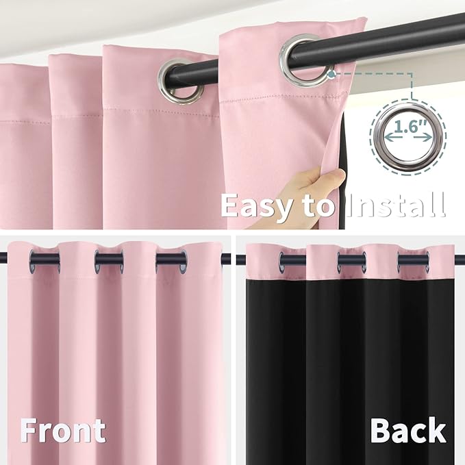 BGment Baby Pink 100% Blackout Curtains for Nursery Bedroom 72 Inch Length 2 Panels, Thermal Insulated Full Light Blocking Grommet Noise Cancelling Window Curtains for Girls Room, 42 Inch Wide Each