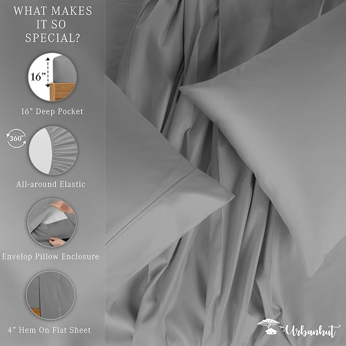 URBANHUT 800 Thread Count 100% Cotton Queen Size Sheets, Luxury 4 Piece Queen Bedsheets, Hotel Sheets Sateen Finish - Better Than Egyptian, 16" Elasticized Deep Pocket - Dark Grey