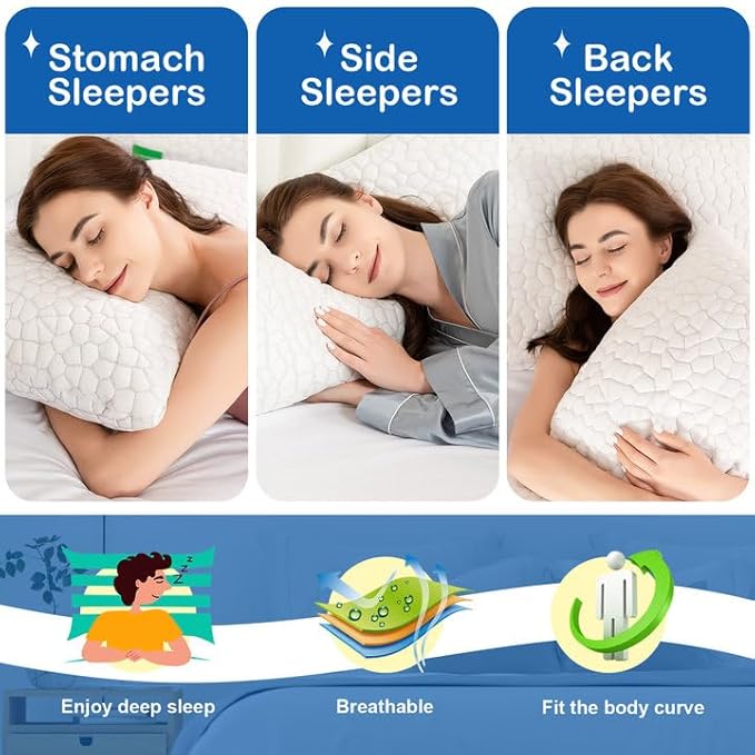 Cooling Bed Pillows Queen Size Set of 2, Shredded Memory Foam Pillows for Sleeping, Adjustable Firm Pillow for Side Back Stomach Sleepers, Gel Cool Pillow for Hot Sleepers Neck Support