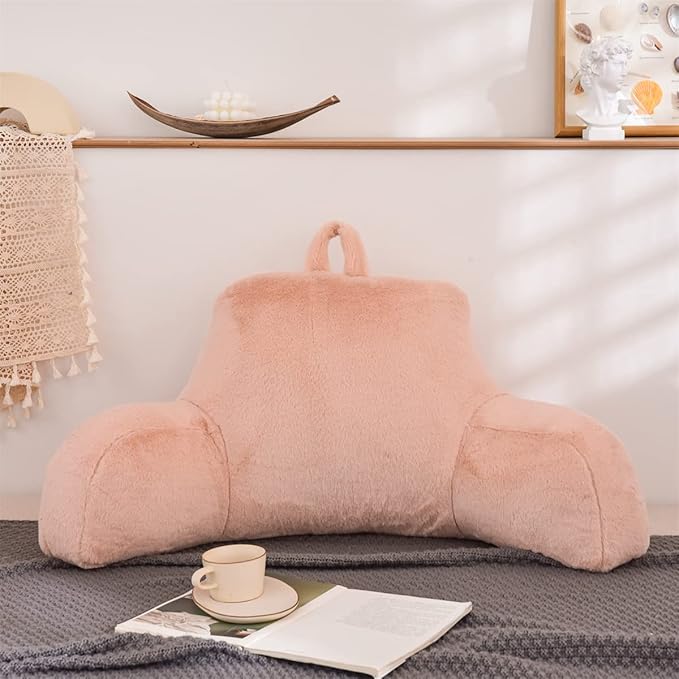 Holawakaka Reading Pillow for Sitting up in Bed Sofa Kids Teens, Backrest Pillow with Arms for Girls Women Petites Pregnancy, Back Support Cushion for Couch Floor Nursery Playroom Blush