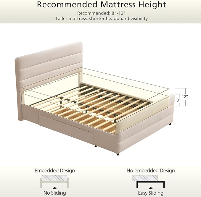 VELOCAVA Full Size Upholstered Platform Bed Frame with Storage Drawers, Tall Headboard and Footboard, Modern Fabric Bed with Slatted Support, No Box Spring Needed, Space-Saving Design for Bedroom