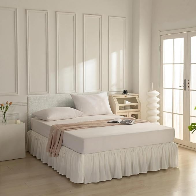 Bed Skirt Twin Size Ruffled Bed Skirt with Split Corners, Ivory Bed Skirts 16 Inch Drop, Bed Skirting with Platform, 16'' Twin