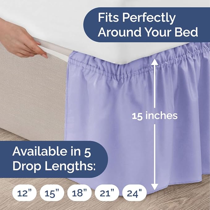 Wrap Around Dust Ruffle Bed Skirt - Lavender - for Full Size Beds with 15 Inch Drop - Easy Fit Elastic Strap - Adjustable Pleated Bedskirt w/Brushed Fabric Wrinkle Free - for Women, Men, Kids & Teens