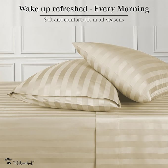 URBANHUT 800 Thread Count 100% Cotton Damask Queen Size Sheets, 4 Piece Striped Queen Size Bedsheets, Luxury Hotel Sheets Sateen Weave - Better Than Egyptian, 16" Elasticized Deep Pocket- Sand