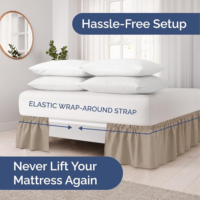 Wrap Around Dust Ruffle Bed Skirt - Cream - for Queen Size Beds w/ 16 Inch Drop - Easy Fit Elastic Strap - Adjustable Pleated Bedskirt w/Brushed Fabric, Wrinkle & Fade Free Women, Men, Kids & Teens