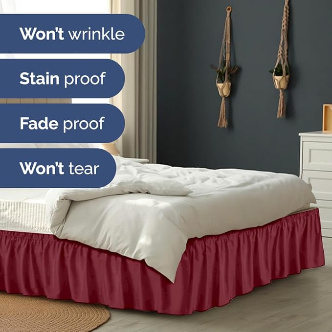 Wrap Around Dust Ruffle Bed Skirt - Burgundy - for Queen Size Beds with 24 Inch Drop - Elastic Strap - Adjustable Pleated Bedskirt with Brushed Fabric and Wrinkle Free - for Women, Men, Kids & Teens