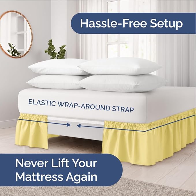 Wrap Around Dust Ruffle Bed Skirt - Yellow - for Full Size Beds with 21 Inch Drop - Easy Fit Elastic Strap - Adjustable Pleated Bedskirt w/Brushed Fabric - Wrinkle Free - for Women, Men, Kids & Teens