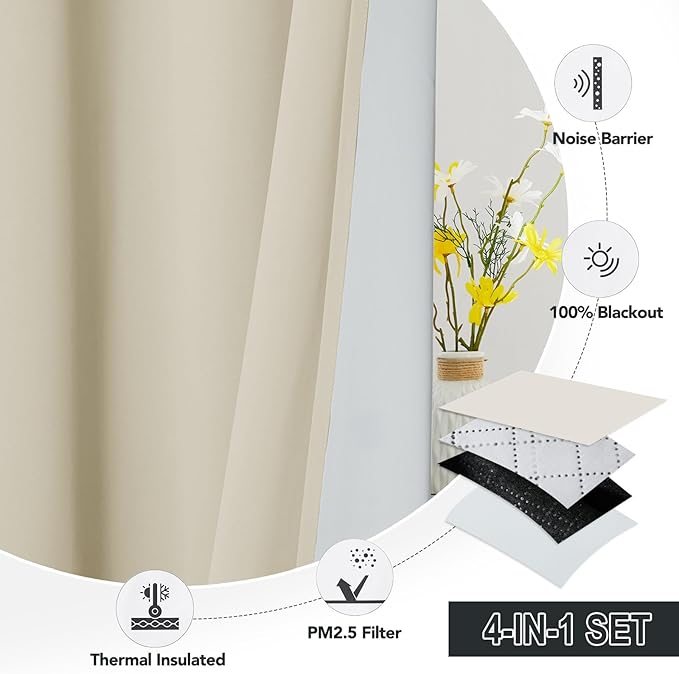RYB HOME Soundproof & Dust Particle Filtering Curtains 100% Blackout Thermal Insulated Window Treatment Air Filter Drapes for Bedroom Living Room Kids Nursery, Beige, W52 x L63 inch, 2 Panels