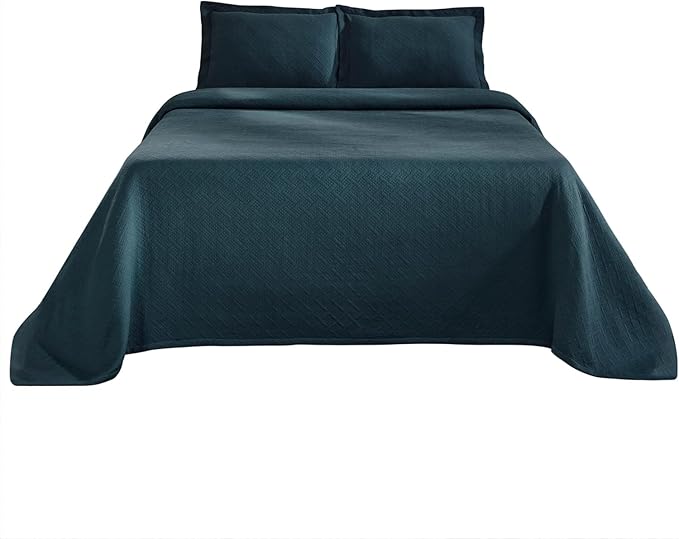 Superior 100% Cotton Basket Weave Bedspread with Shams, All-Season Premium Cotton Matelasse Jacquard Bedding, Quilted-Look Geometric Basket, Queen, Deep Sea