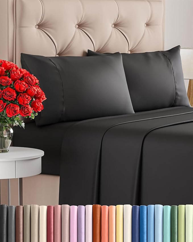 Twin 4 Piece Sheet Set - Cooling, Comfy & Breathable - Hotel Luxury Bedding, Includes Fitted Sheet for Women, Men, Kids and Teens - 1 Flat, 1 Fitted Sheet, 2 Pillowcases with Deep Pockets - Black