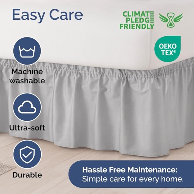 Wrap Around Dust Ruffle Bed Skirt - Light Grey - for King Size Beds w/ 16 Inch Drop - Easy Fit Elastic Strap - Adjustable Pleated Bedskirt with Brushed Fabric, Wrinkle Free Women, Men, Kids and Teens