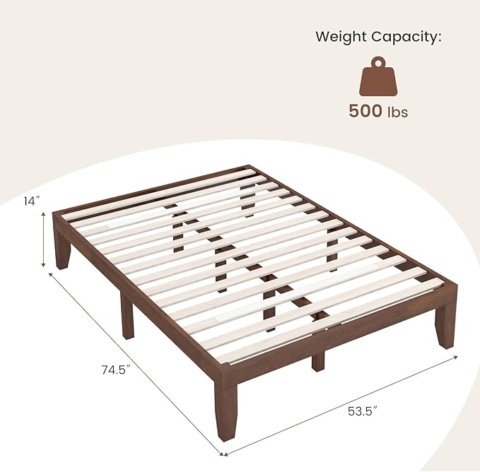 Giantex 14 Inch Full Platform Bed Frame, Minimalist Style Mattress Foundation with Solid Rubber Wood, Heavy Duty Wood Slat Support, Without Headboard, Easy Assembly, No Box Spring Needed,Walnut