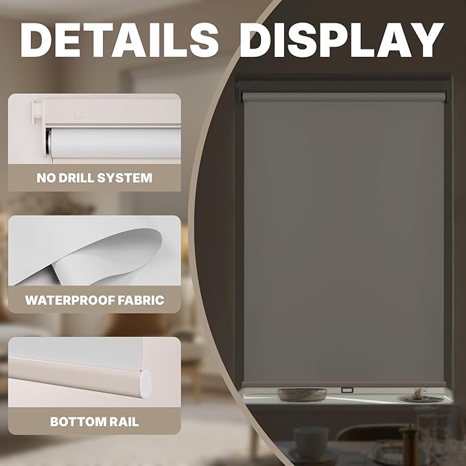 HESTIA No Drill Cordless Blackout Roller Shades Screwless Waterproof Shower Window Blinds, Auto-Retraction Easy Install Blind for Bathroom/Kitchen/Office/Exterior, White, 40.5" W x 72" H