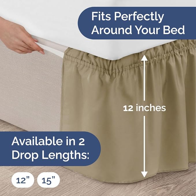 Wrap Around Dust Ruffle Bed Skirt - Khaki - for Full Size Beds w/ 12 Inch Drop - Easy Fit Elastic Strap - Adjustable Pleated Bedskirt w/Brushed Fabric - Wrinkle Free - for Women, Men, Kids & Teens