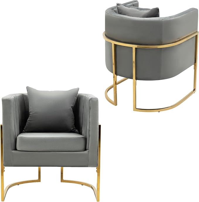 Velvet Modern Accent Chairs Set of 2, Upholstered Barrel Armchair Mid Century with Pillow for Living Room, Comfy Single Vanity Chair with Metal Gold Legs for Bedroom, Grey