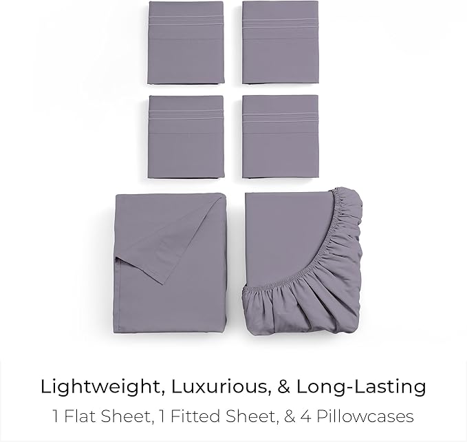 Mellanni Queen Sheet Set - 6-Piece Iconic Collection Bedding, (Including 4 Pillowcases), 21-Inch Extra Deep Pocket, Easy Care, Ultra Soft, Cooling Sheets, Brushed Microfiber - Hazy Lilac