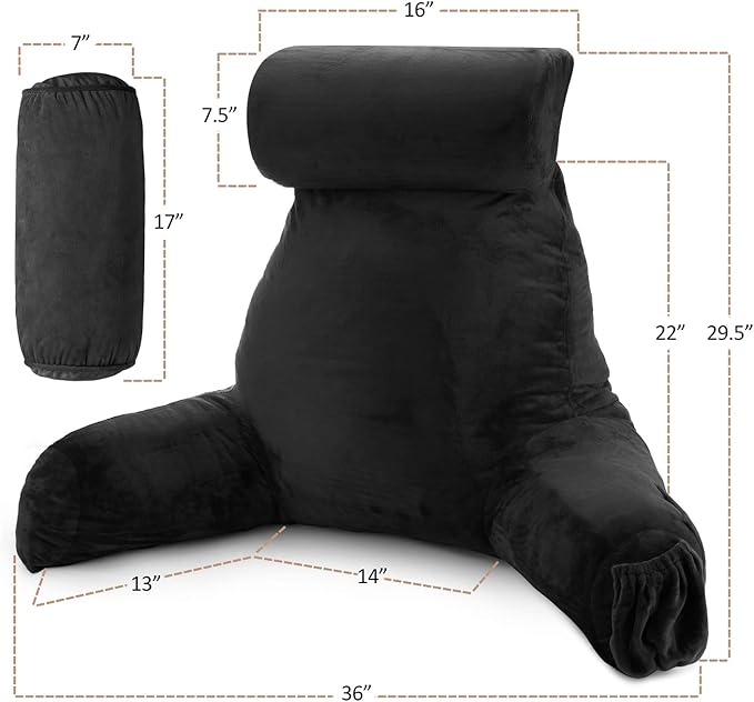 Nestl Reading Pillow with Shredded Memory Foam Includes 2 Neck and Lumber Support Pillows, Designed for Sitting Up in Bed and Couch, Back and Arms Adjustable Support for Adult & Teens, Black