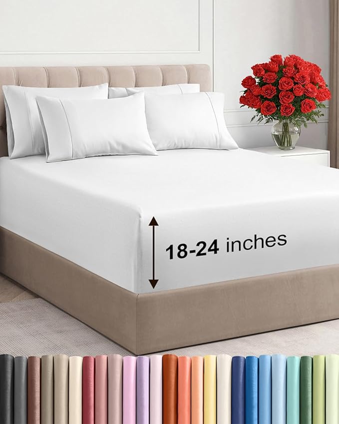 Extra Deep Full Sheet Set - 6 Piece Breathable and Cooling Sheets - Hotel Luxury Bed Sheets Set - Easy & Secure Fit - Soft, Wrinkle Free and Comfy Sheets Set - White Sheet Set with Extra Deep Pockets