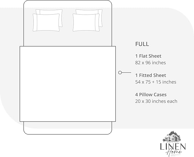 Linen Home 100% Cotton Percale Sheet Set, Full Size, Snow White, Deep Pocket, 6 Pieces Set - 1 Flat, 1 Deep Pocket Fitted Sheet and 4 Pillowcases, Crisp Cool and Strong Bed Linen