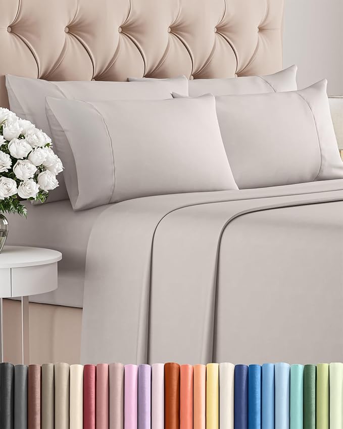 Full 6 Piece Sheet Set - Cooling, Comfy & Breathable - Hotel Luxury Bedding, Includes Fitted Sheet for Women, Men, Kids & Teens - 1 Flat, 1 Fitted Sheet, 4 Pillowcases with Deep Pockets - Light Grey
