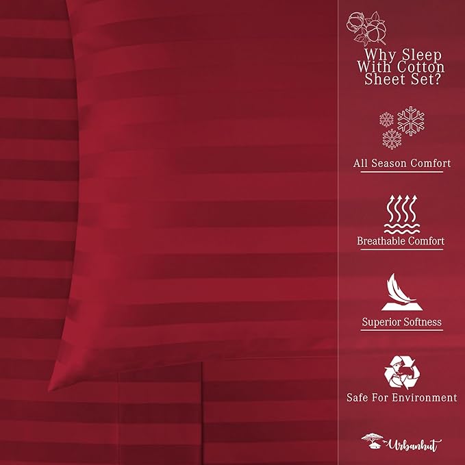 URBANHUT 800 Thread Count 100% Cotton Damask Queen Size Sheets, 4 Piece Striped Queen Size Bedsheets, Luxury Hotel Sheets Sateen Weave - Better Than Egyptian, 16" Elasticized Deep Pocket- Burgundy