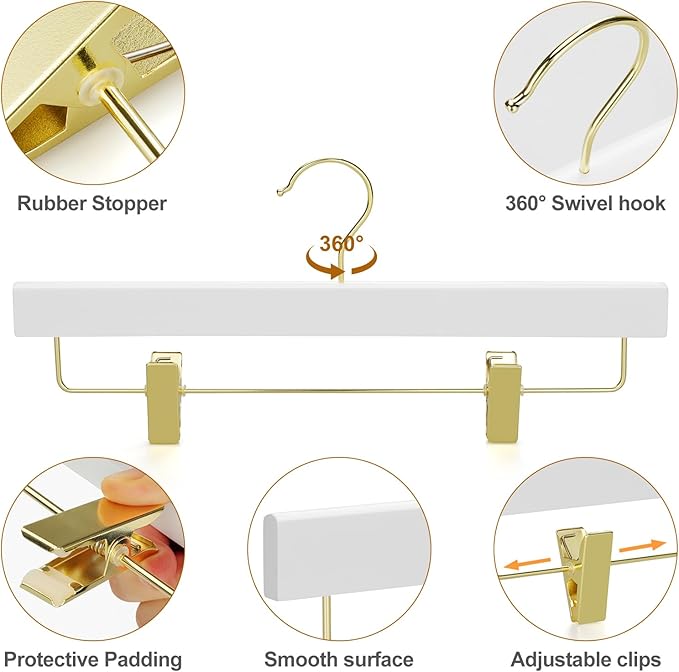 TOPIA HANGER White Wooden Pants Hangers with Gold Clip, 20 Pack Skirt Short Trousers Jeans Slacks Hangers with 360 Swivel Hook and Adjustable Clip with Rubber Padded for Closet, CT50WG20
