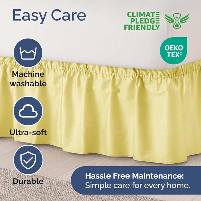 Wrap Around Dust Ruffle Bed Skirt - Yellow - for Full Size Beds with 15 Inch Drop - Easy Fit Elastic Strap - Adjustable Pleated Bedskirt w/Brushed Fabric - Wrinkle Free - for Women, Men, Kids & Teens
