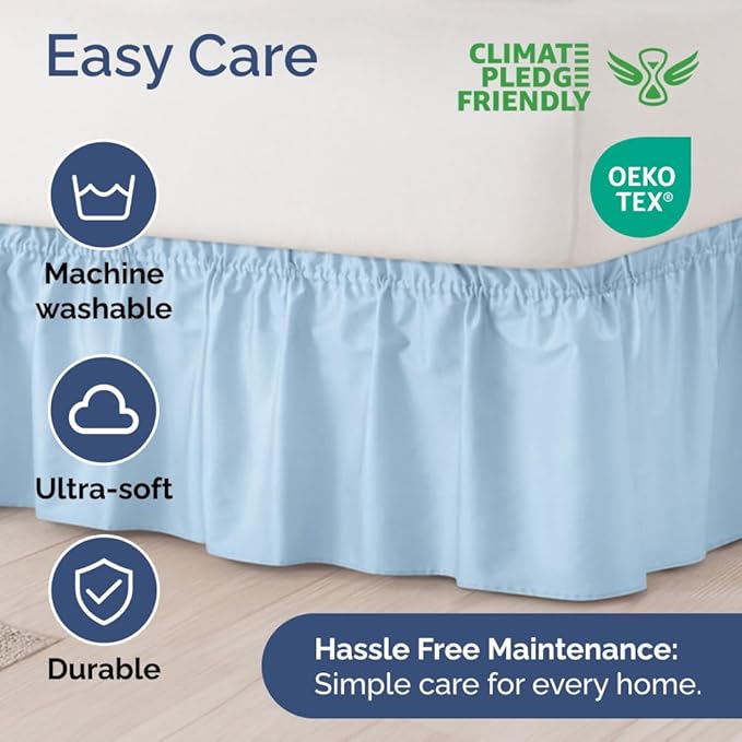 Wrap Around Dust Ruffle Bed Skirt - Light Blue - for Full Size Beds with 15 Inch Drop - Elastic Strap - Adjustable Pleated Bedskirt with Brushed Fabric and Wrinkle Free - for Women, Men, Kids & Teens